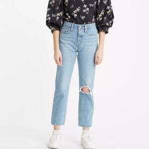 Levi's Premium Wedgie Straight Fit Cropped Distressed High Rise Button Fly Jeans